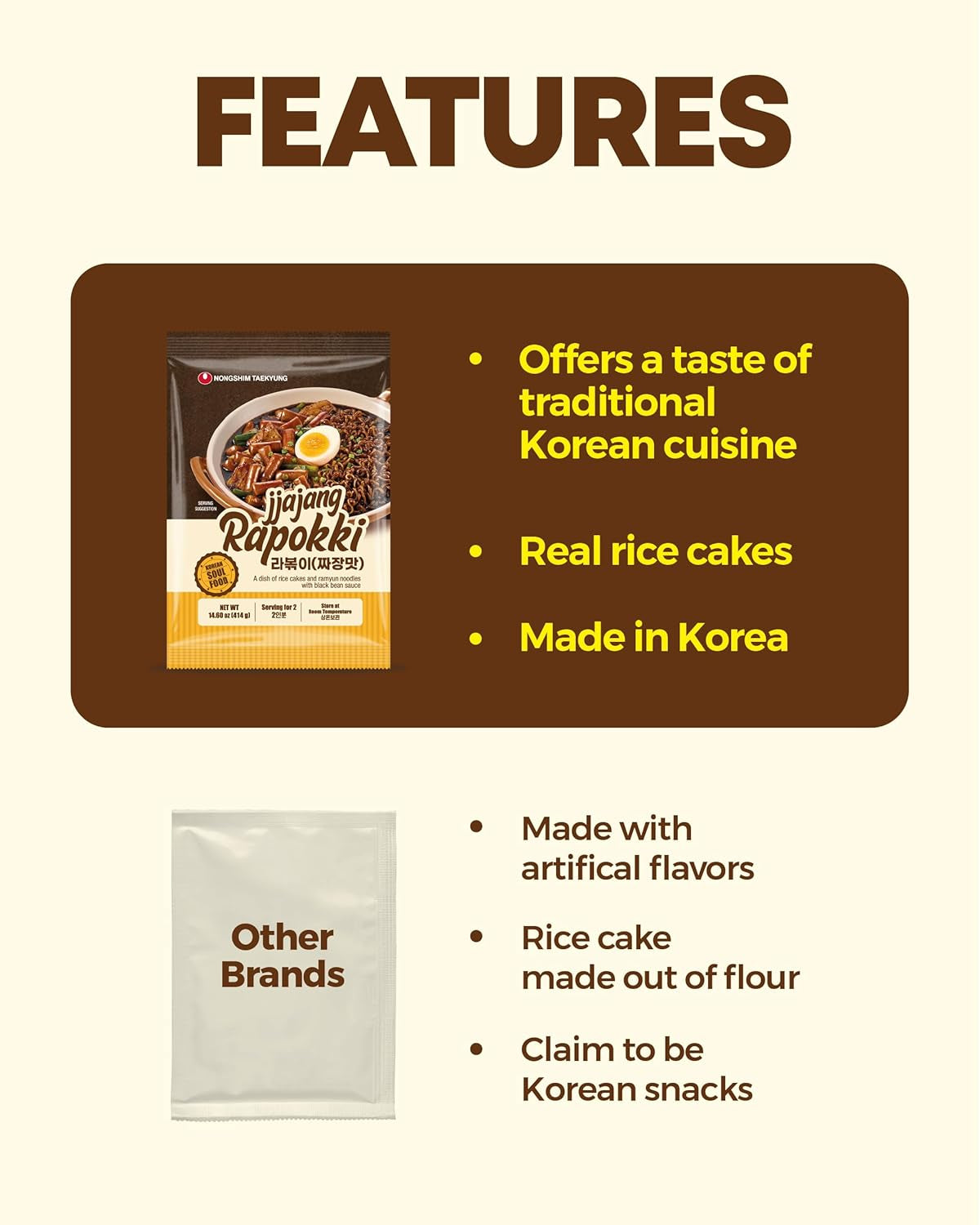 NONGSHIM Rapokki (Jjajang, 400 ml): auténtica comida callejera coreana, ramen y pasteles de arroz, frijoles negros; rápido y fácil de preparar, listo en 4 minutos