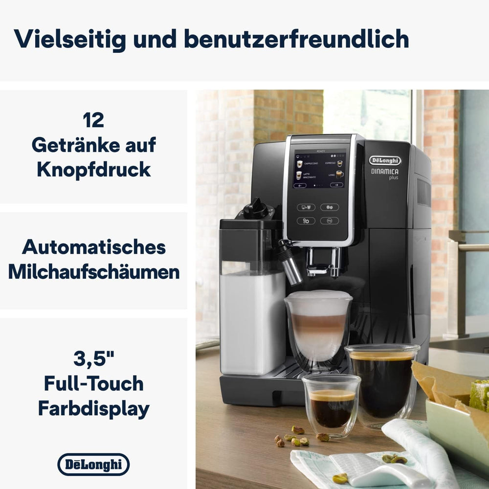 De'Longhi Dinamica Plus ECAM 370.70.B Espressor complet automat cu sistem LatteCrema Milk, Cappuccino și Espresso, ecran tactil color TFT de 3,5 inci și control prin aplicație, funcție cafetieră, negru