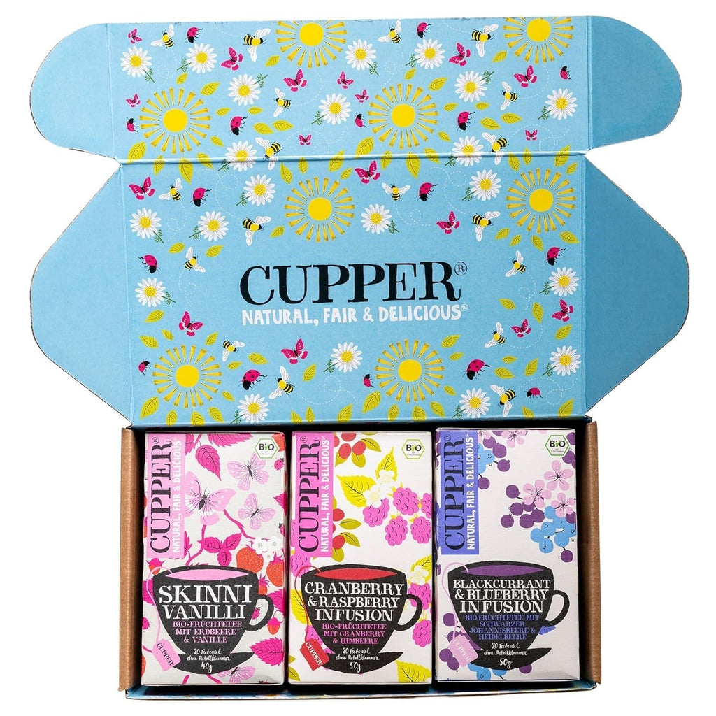 Set de ceaiuri bio Cupper „Fruity”, set cadou de ceaiuri, ceaiuri din fructe, trei sortimente diferite, 60 pliculețe de ceai nealbite, fără plastic, pachet de 3