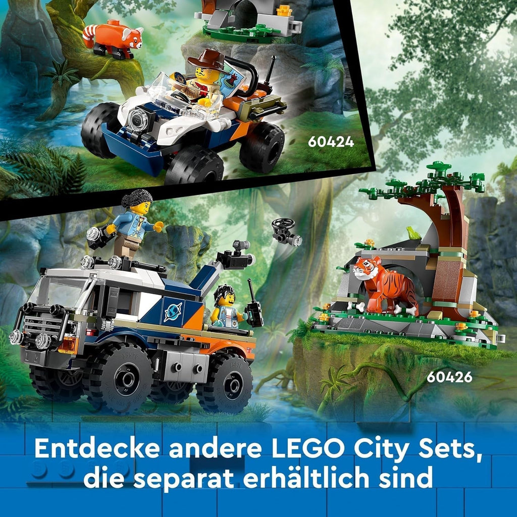 Camion LEGO City Jungle Explorer, set de construit și jucat pentru copii de peste 6 ani, cadou grozav pentru ziua de naștere, camion de jucărie, cu 3 minifigurine Adventurer și tigru 60426 Seturi de constructie Besuche den LEGO-Store