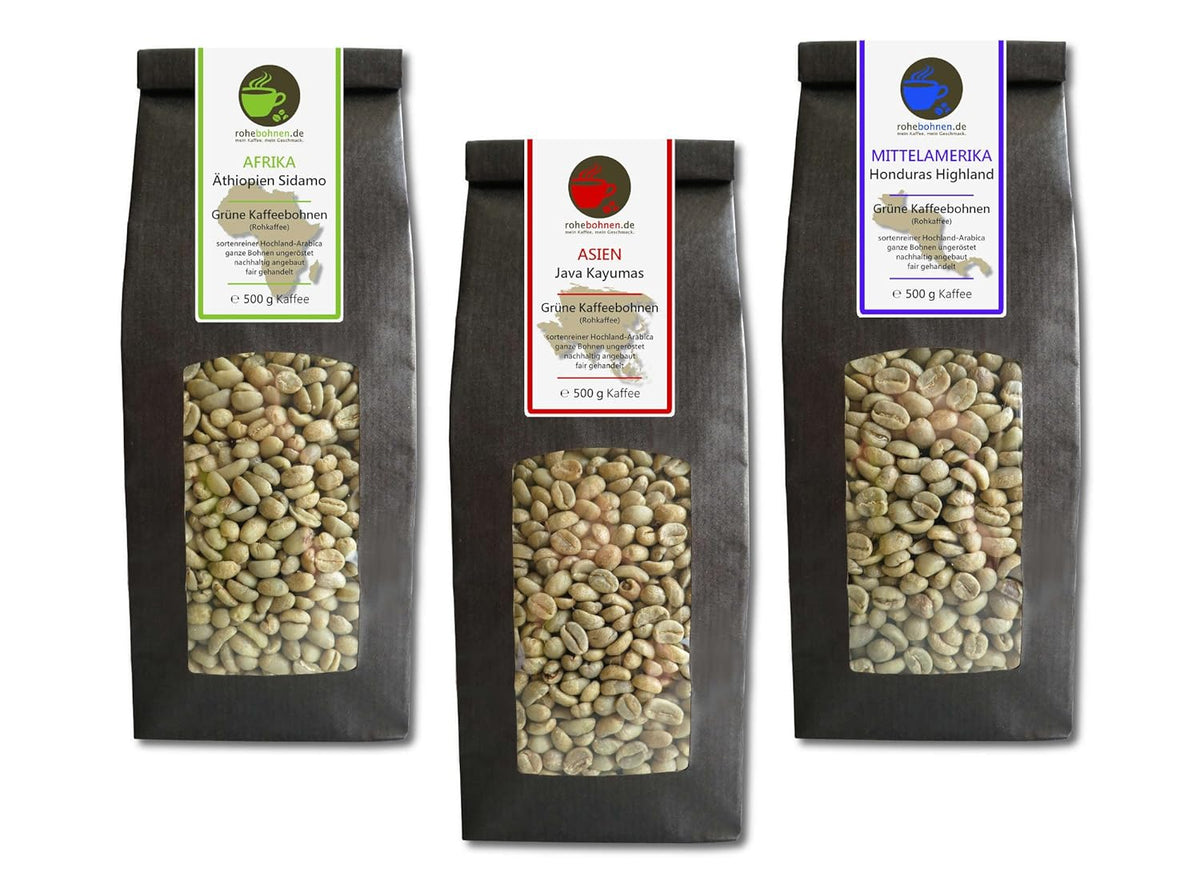 Cafea crudă - Cafea verde Etiopia, Java, Honduras organică (pachet redus boabe de cafea verde 3x500g) - certificată GMP