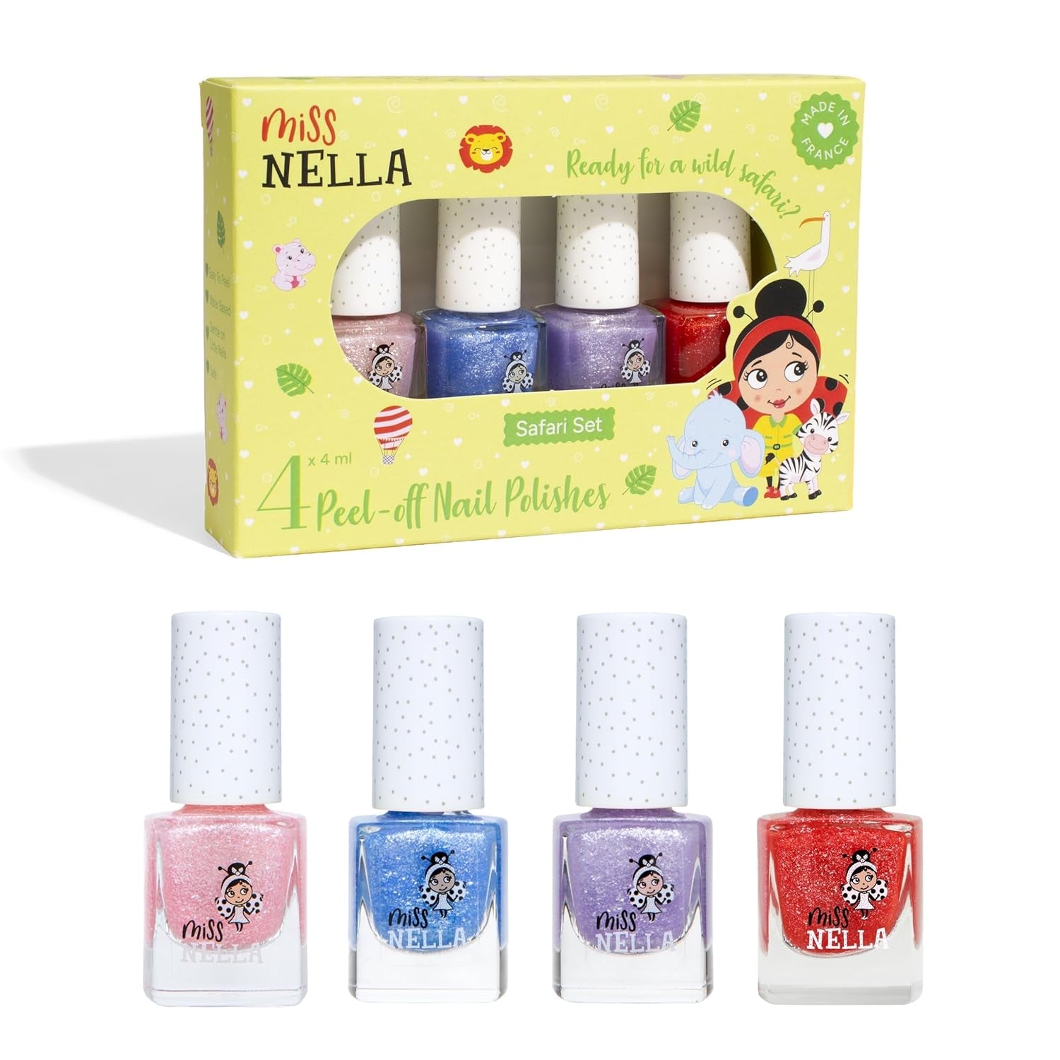 Miss Nella Magic Collection Juego de 4 esmaltes de uñas con purpurina: rosa, rojo, dorado y azul, esmalte de uñas extraíble especial para niños, no tóxico, a base de agua, inodoro