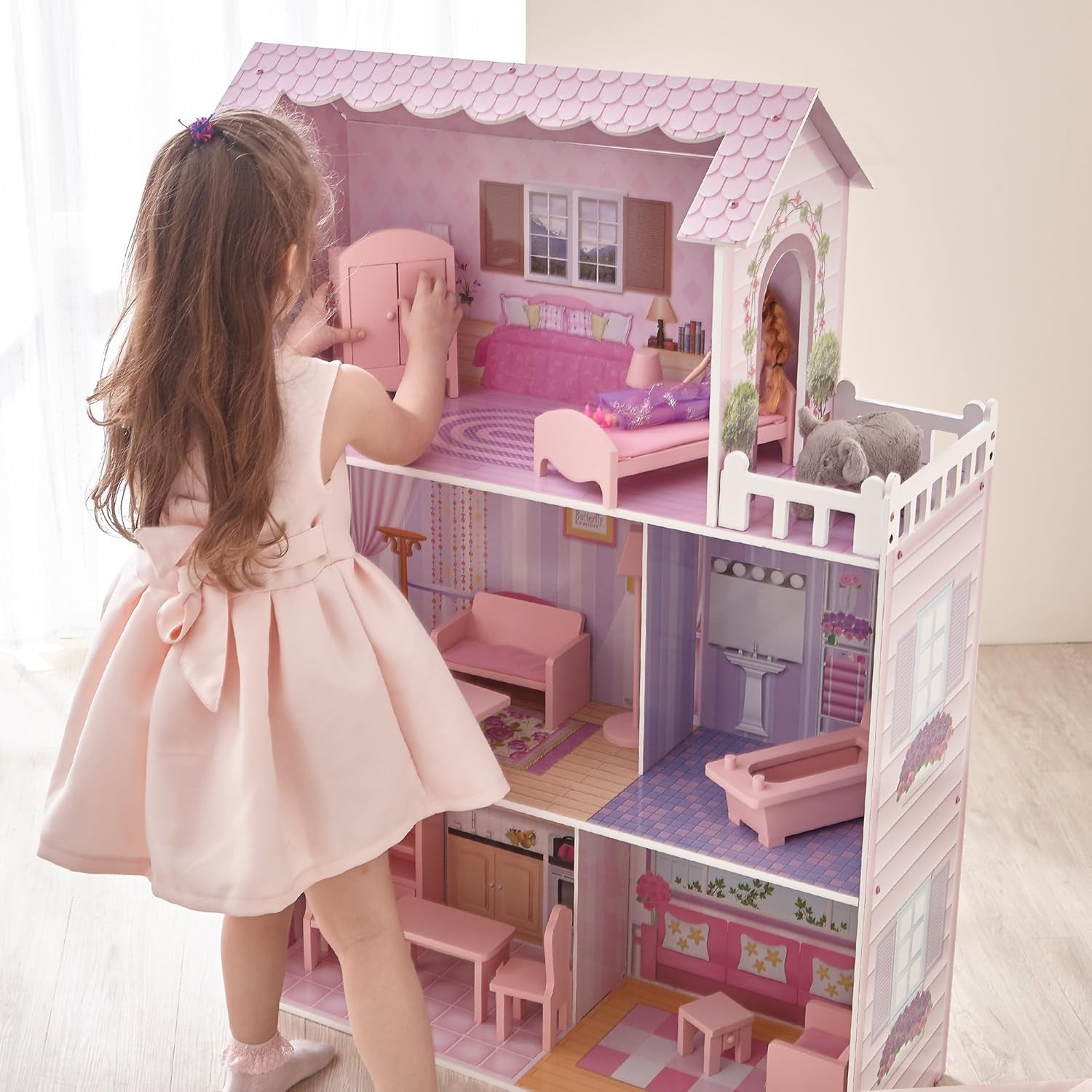 Olivia's Small World Casa de Muñecas Gigante, Casa de Muñecas Grande de Madera con Muebles y Accesorios, Casa de Muñecas de 3 Pisos para Niños, Casa de Muñecas para Muñecas de 12", 3 Años + Casas de Muñecas Naty Shop