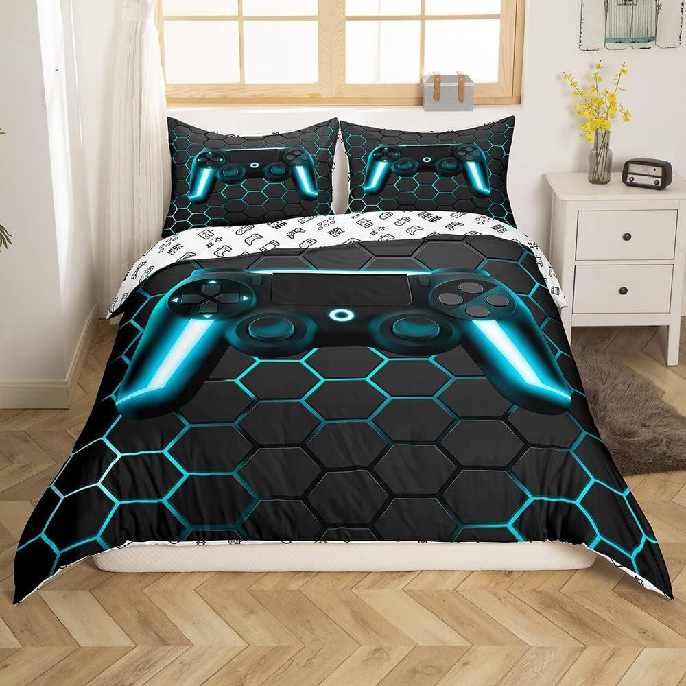 Juego de ropa de cama Gamer para jóvenes, 155 x 220, juego de cama para niños, adolescentes, hombres, vídeos, decoración, juego de cama reversible, funda verde, mando de juegos retro, cama de lujo, color blanco, 2 piezas