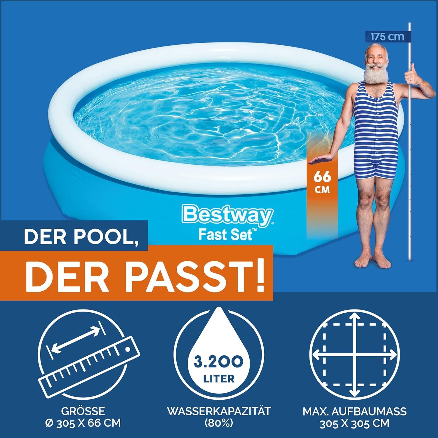 Piscina elevada Bestway Fast Set sin bomba 305 x 66 cm, azul, redonda (57456)