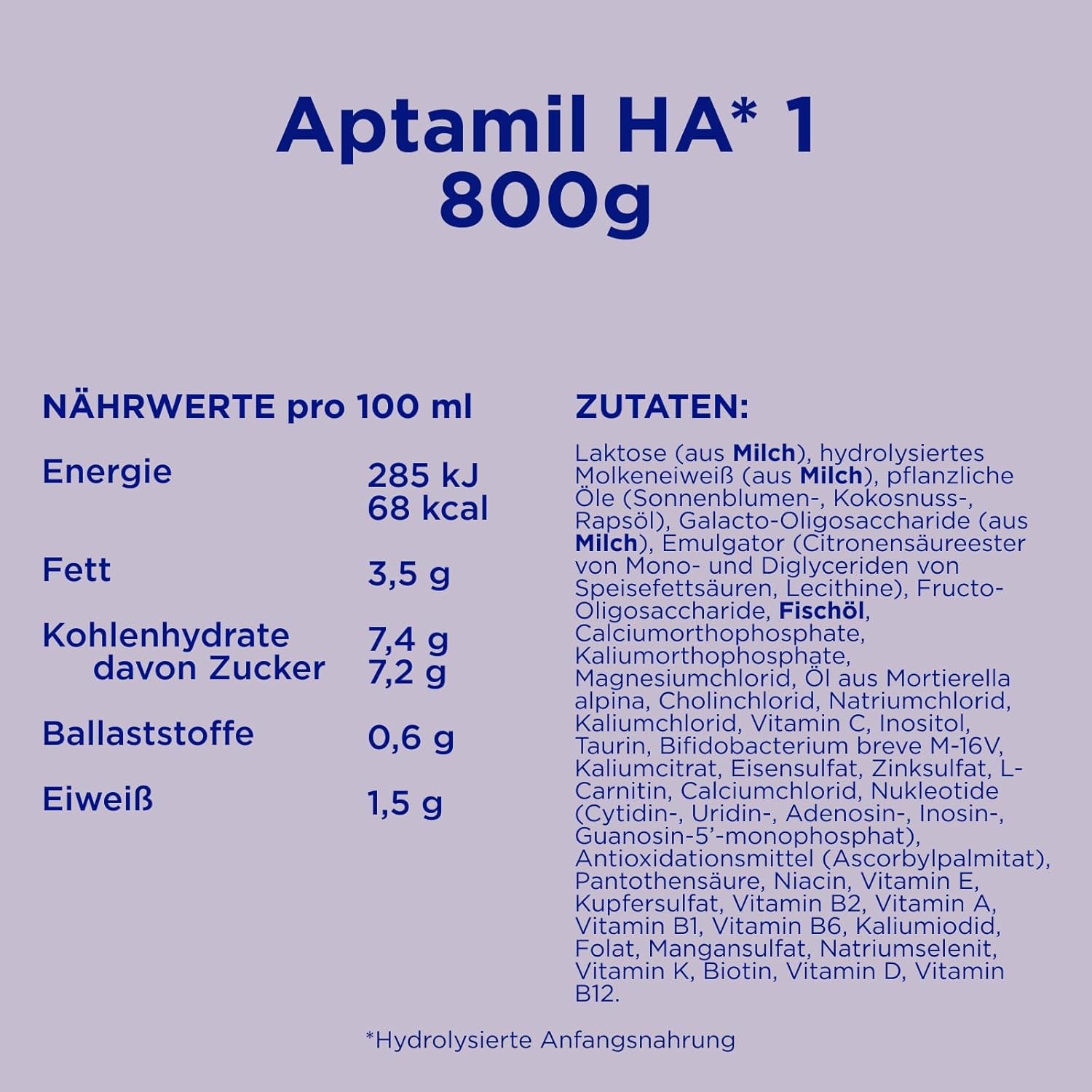 Aptamil HA 1 - Fórmula infantil desde el nacimiento, con DHA, sin lactosa, sin aceite de palma, papilla, leche en polvo, 1 x 800 g