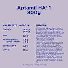 Aptamil HA 1 - Fórmula infantil desde el nacimiento, con DHA, sin lactosa, sin aceite de palma, papilla, leche en polvo, 1 x 800 g