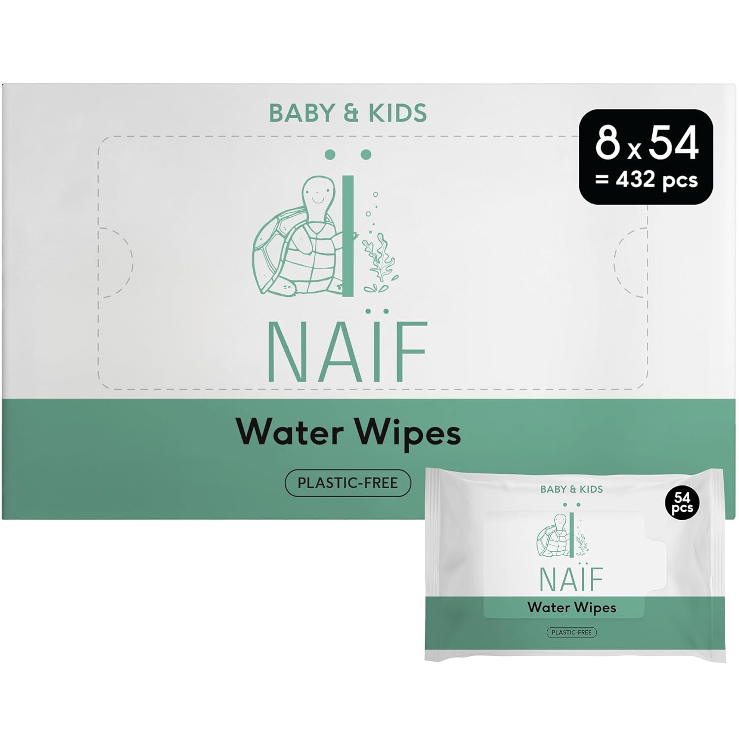 Naïf Toallitas Bebé Sin Plástico 432 Piezas (8 Pack x 54 Toallitas) - Cuidado del Culito, Cuerpo y Rostro del Bebé - 99% Agua - 0% Fragancia y Alcohol - Caja de Toallitas Húmedas Sostenibles, Eucalipto Sensible