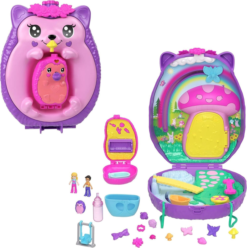 Polly Pocket GKJ64 - Cutie de buzunar cu ananas, portabilă, cu 8 funcții distractive, păpușile Polly și Purple, 2 accesorii și foaie de autocolante; jucărie pentru copii de 4 ani și peste Papusi Naty Shop Mămica arici copil