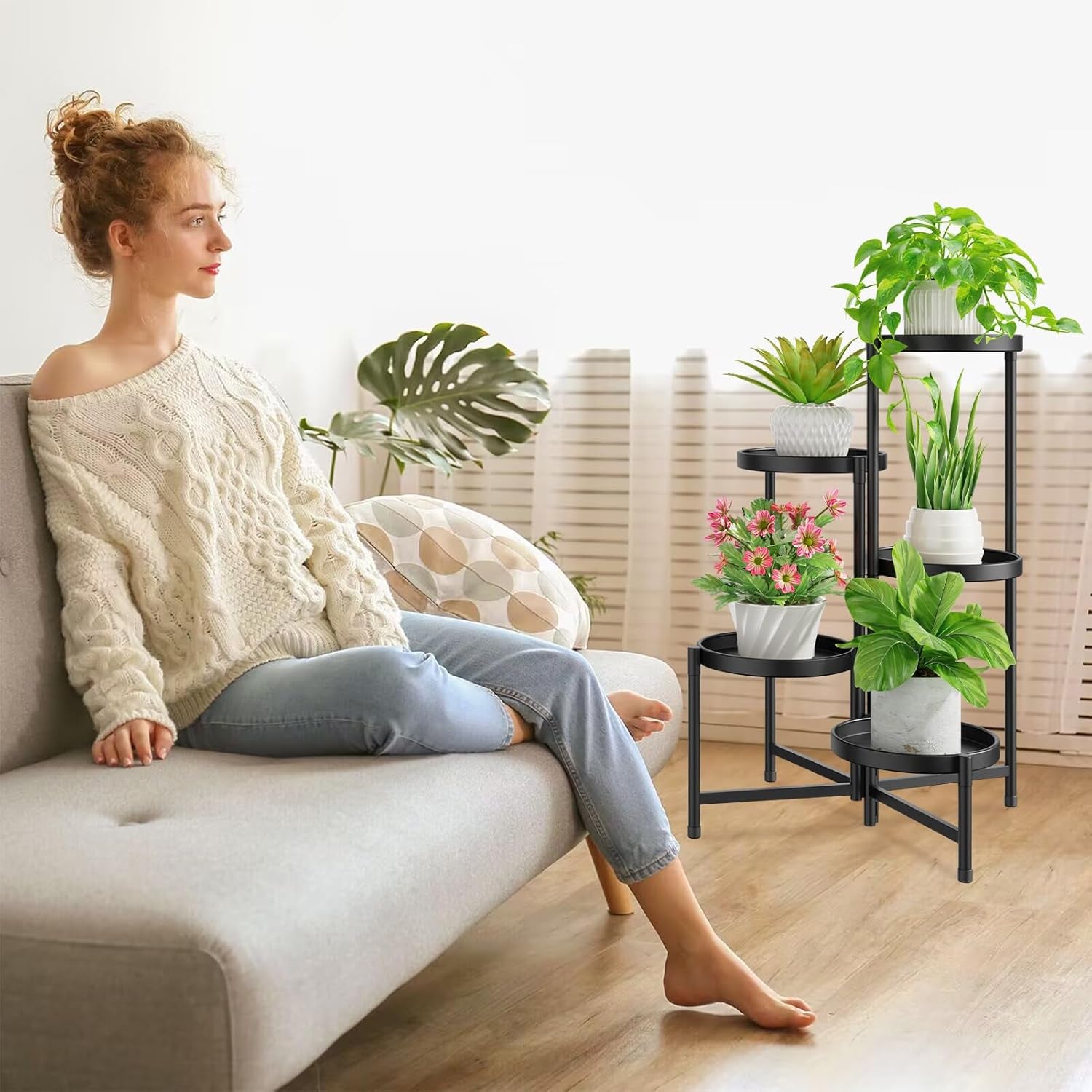 Idavosic.Ly Pflanzenständer Metall Groß Mit 5 Etagen, Blumenständer Pflanzenregal Blumenregal Indoor Outdoor, Faltbar Blumentreppen Innen Plant Stand Shelf Für Garten Balkon Wohnzimmer (Rund, Schwarz)