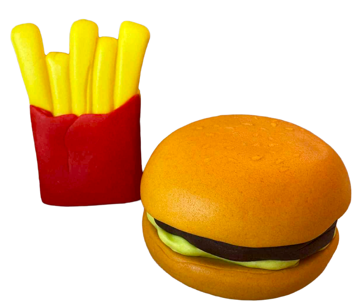 Decoraciones comestibles para tarta Hamburguesa y patatas fritas – set de 2 figuras en pasta de azúcar (~6 cm)
