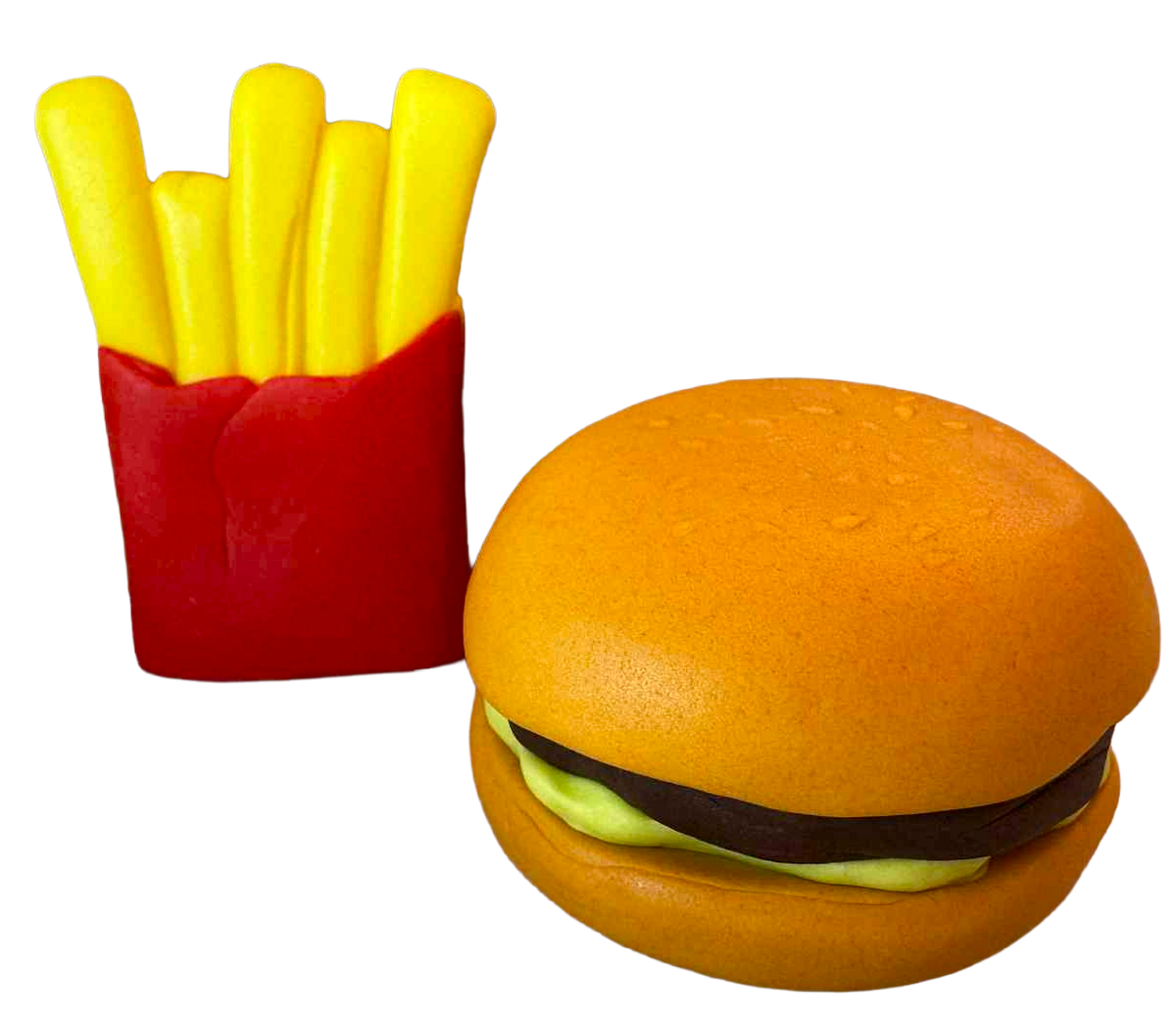 Decoraciones comestibles para tarta Hamburguesa y patatas fritas – set de 2 figuras en pasta de azúcar (~6 cm)