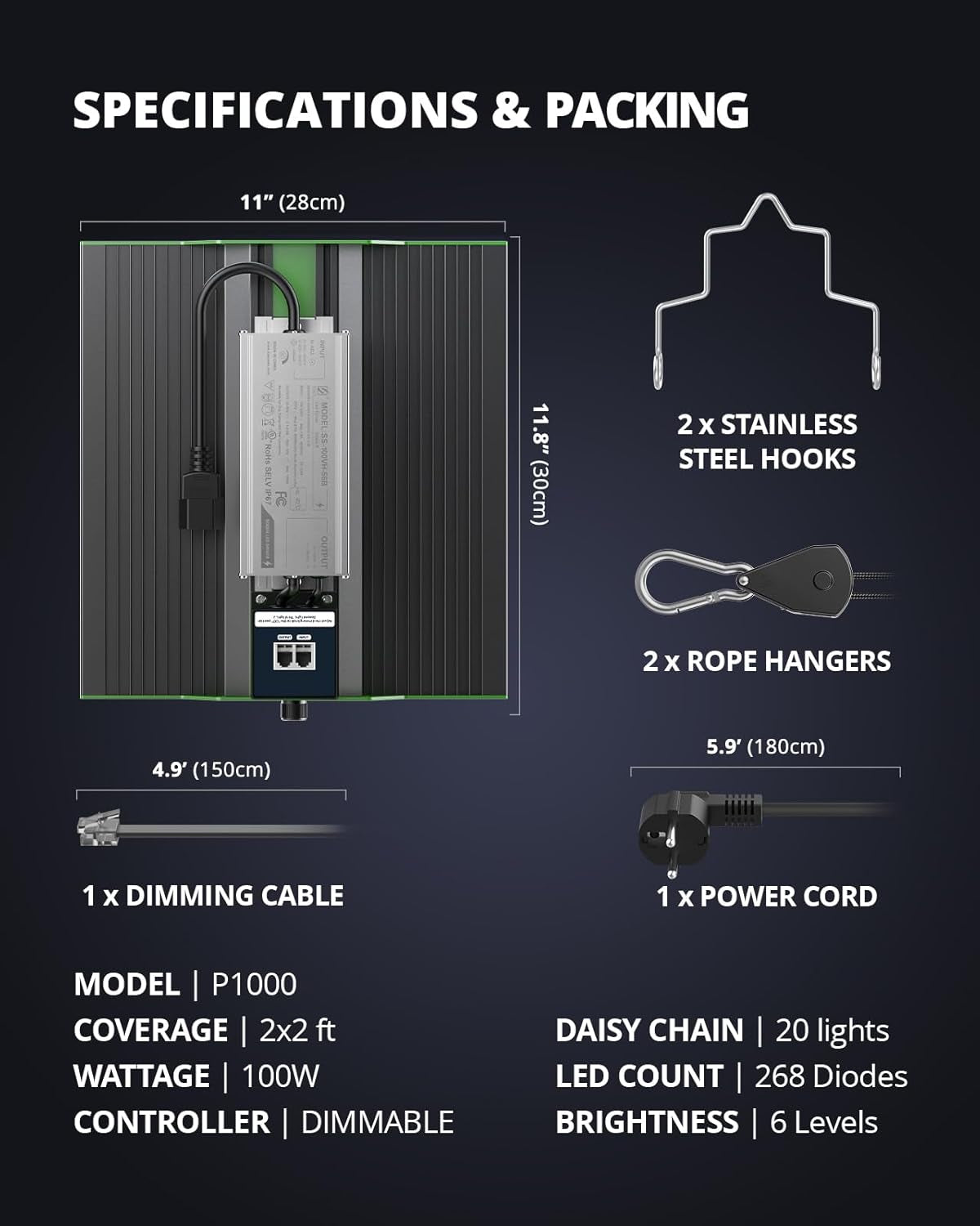 VIPARSPECTRA P1000 Luz de cultivo LED de espectro completo 2024 Luz de cultivo LED 0%-100% regulable para invernaderos Plantas de interior Plántulas Verduras Flores Tiendas de cultivo 60x60cm y 80x80cm
