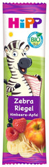 Barritas HiPP Zebra con sabor a frambuesa y plátano manzana (22 x 23g), a partir de 1 año, endulzadas únicamente con fruta, de la mejor calidad ecológica
