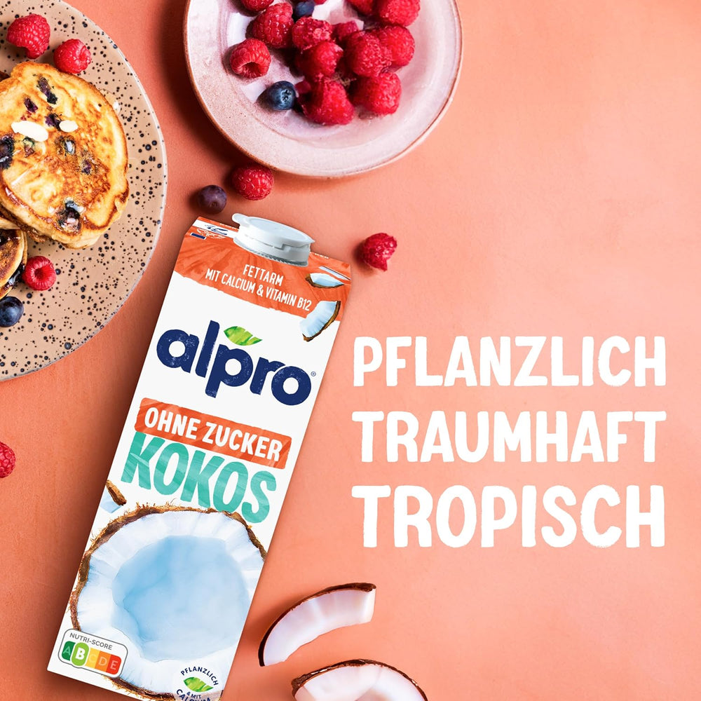 Alpro Kokosnussdrink ohne Zucker – Ohne Süßstoffe – Vegan und milchfrei – Von Natur aus lactosefrei und fettarm – Rico en calcio y vitaminas – 8 x 1 L