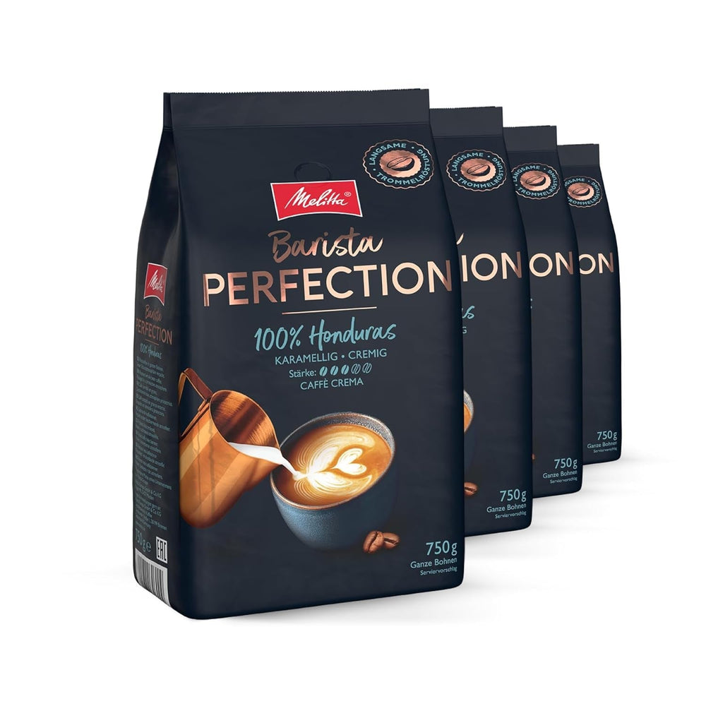 Melitta Barista Perfection 100% Brazilia, boabe de cafea întregi, cafea de origine unică, 100% Arabica, prăjire lentă cu tambur, Crema Forte, tărie 4 Cafea Naty Shop Honduras 4 x 750 grame