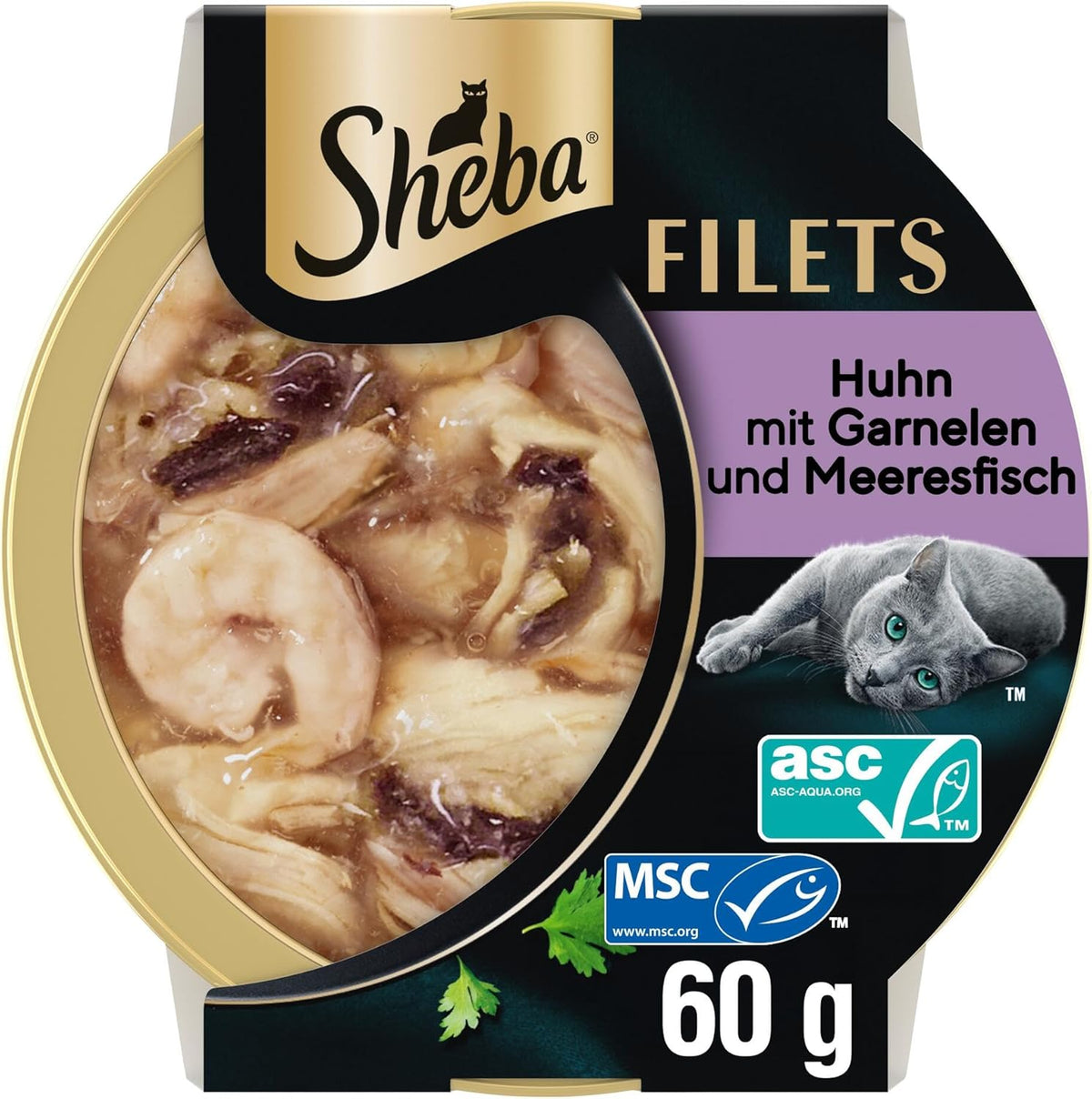 SHEBA Filets Adult Katzenfutter in Sauce mit Huhn, Hochseefisch und Garnelen 16 x 60g Schale