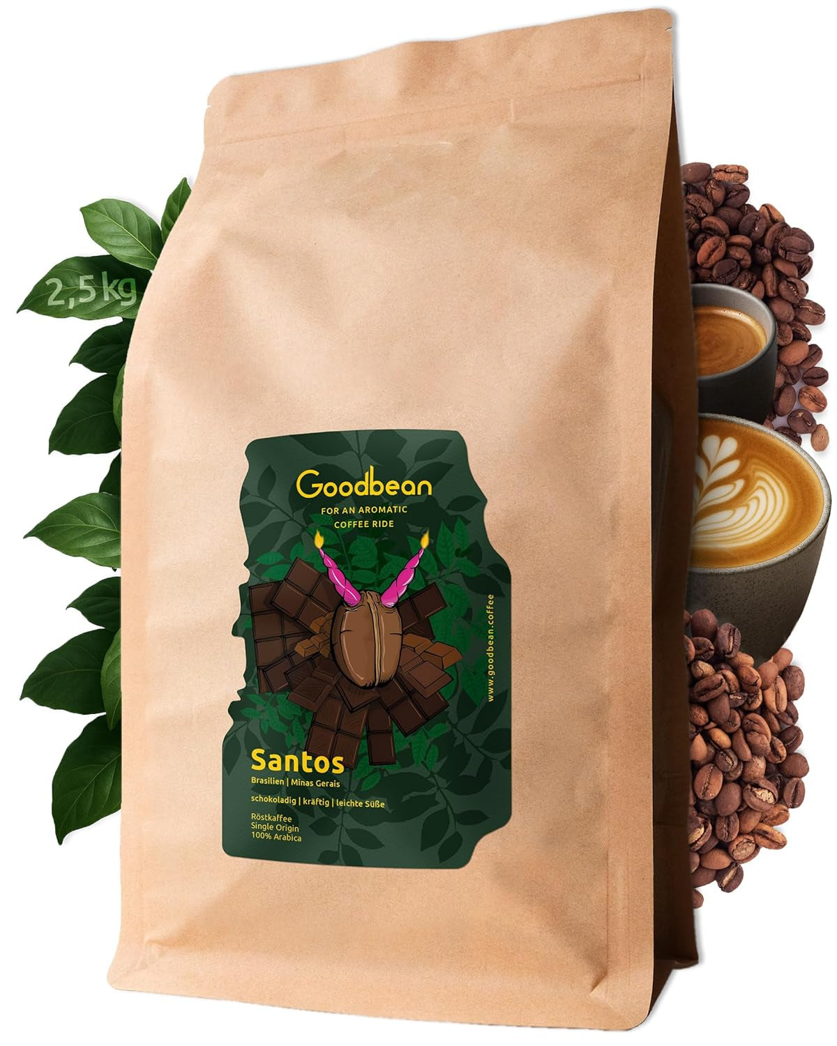 Santos | Boabe de cafea 2500g - 100% Arabica din Brazilia | pentru espresso, cappuccino sau cafea filtrată tare | Omni Roast | Cafea clasică - introducerea perfectă în cafeaua de specialitate