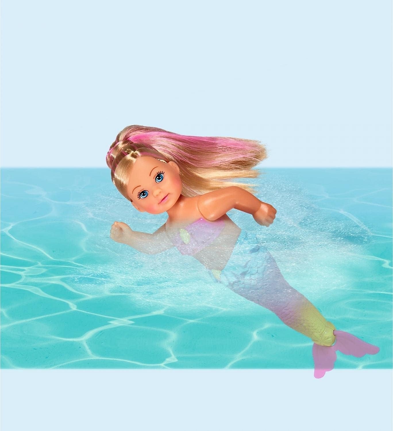 Simba 105733318 - Evi Love Swimming Mermaid, Evi como una sirena, Sabe nadar correctamente, Con figura de pez, Muñeco de vestir, 12cm, Para niños a partir de 3 años Muñecas Naty Shop