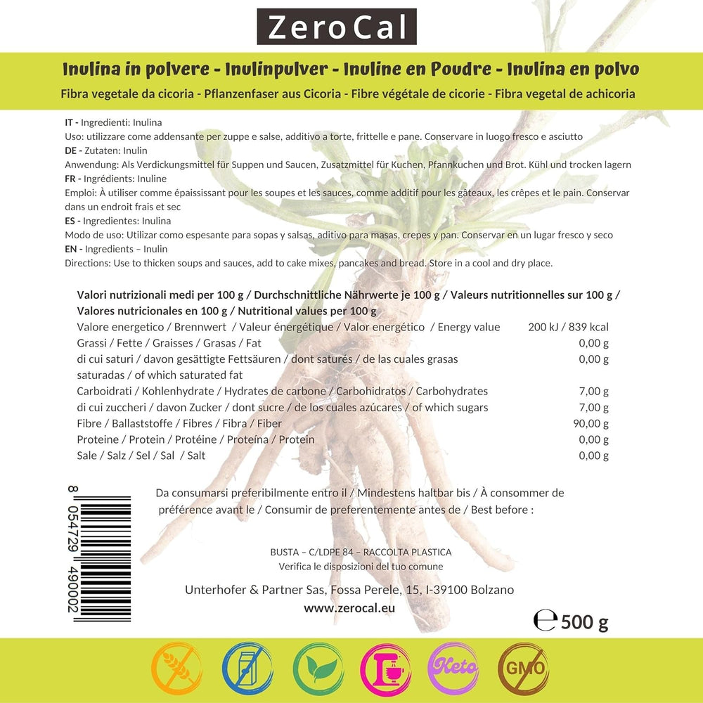 Zerocal - Inulina En Polvo De Achicoria-Wurzel 500 G | Inulina Mit Hohem Ballaststoffgehalt | 100% vegano y sin gluten | Herkunft Deutschland Edulcorantes Naty Shop