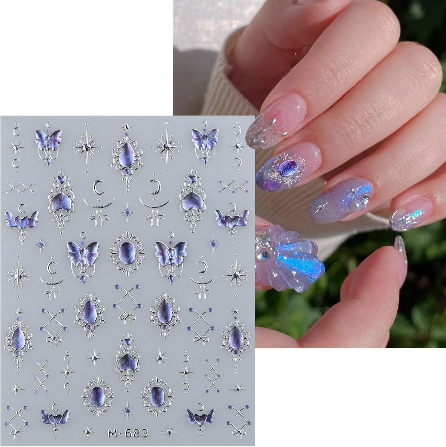 JMEOWIO 3D Nagelsticker Blauer Nail Art Sticker Selbstklebend Nagelaufkleber 5D Stereoskopisch Mondstern Dekoration Nageldesign Zubehör 1 Blatt