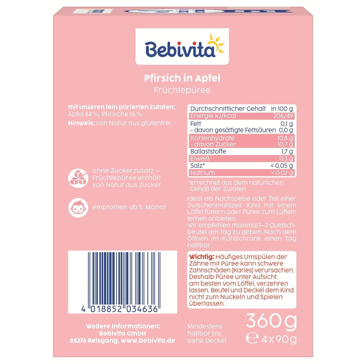 Bolsitas exprimibles de melocotón y manzana - Paquete de 16 (4 paquetes, 4 x 90 g cada uno), sin azúcar añadido, sin gluten, vegano, ideal para bebés a partir de 5 meses, perfecto para llevar