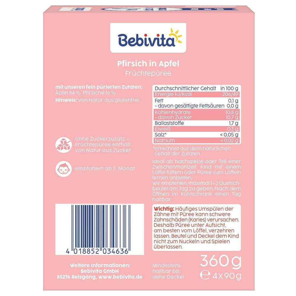 Bolsitas exprimibles de melocotón y manzana - Paquete de 16 (4 paquetes, 4 x 90 g cada uno), sin azúcar añadido, sin gluten, vegano, ideal para bebés a partir de 5 meses, perfecto para llevar