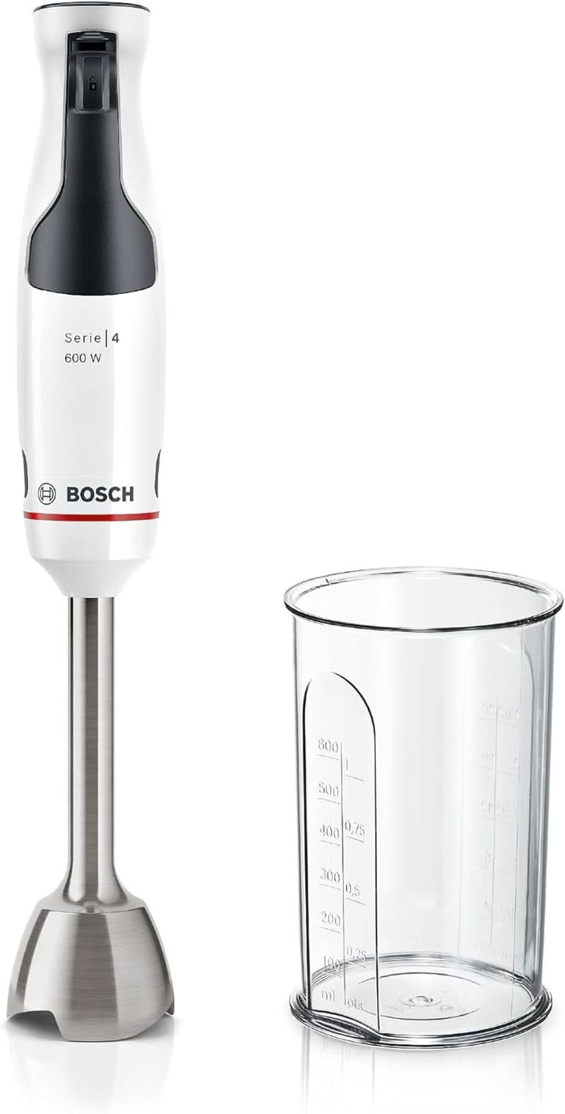 Bosch Stabmixer Ergomaster Serie 4 MSM4W210, Einhändig Bedienbar, Edelstahl-Klingen, Verschleißfreie Keramik-Kupplung, Mixbecher, Quattroblade, Antisplash Funktion, Einschaltsperre, 600 W, Weiß Mama si Copilul Naty Shop