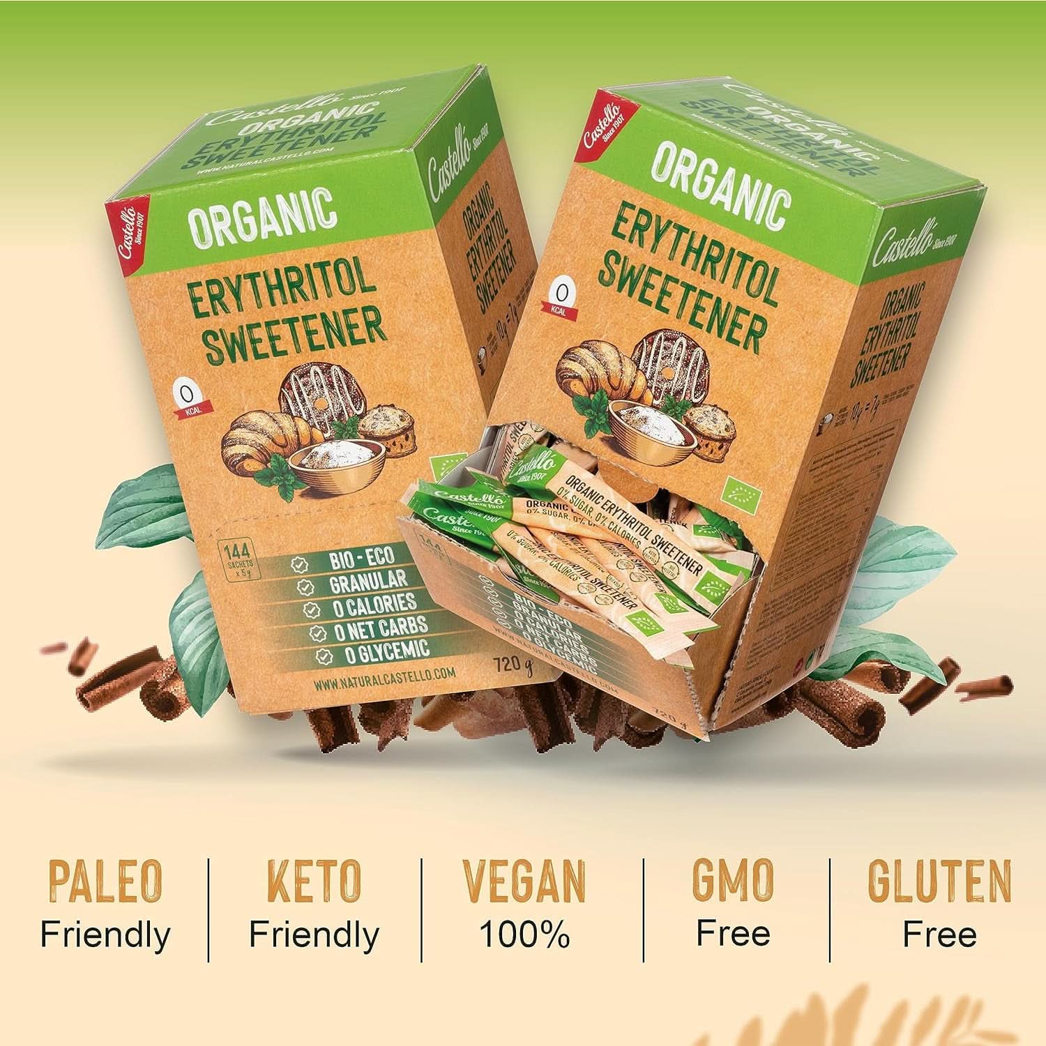 Eritritol orgánico natural | 144 bolsitas de 5 G, 720 gramos totales Edulcorantes Naty Shop