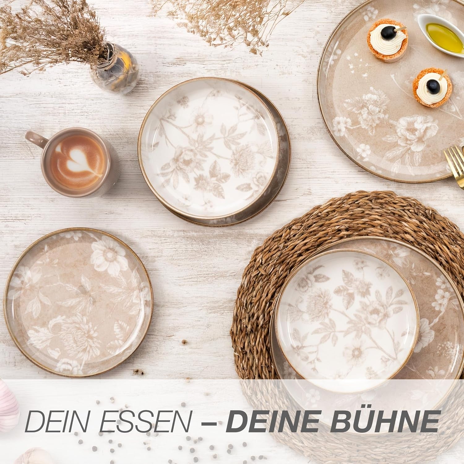 Set de veselă din gresie Moritz & Moritz MARIELLA pentru 6 persoane, 24 de piese - Veselă modernă bej cu un design jucăuș, serviciu de cafea ușor de întreținut cu farfurii, boluri și cești - Set combinat