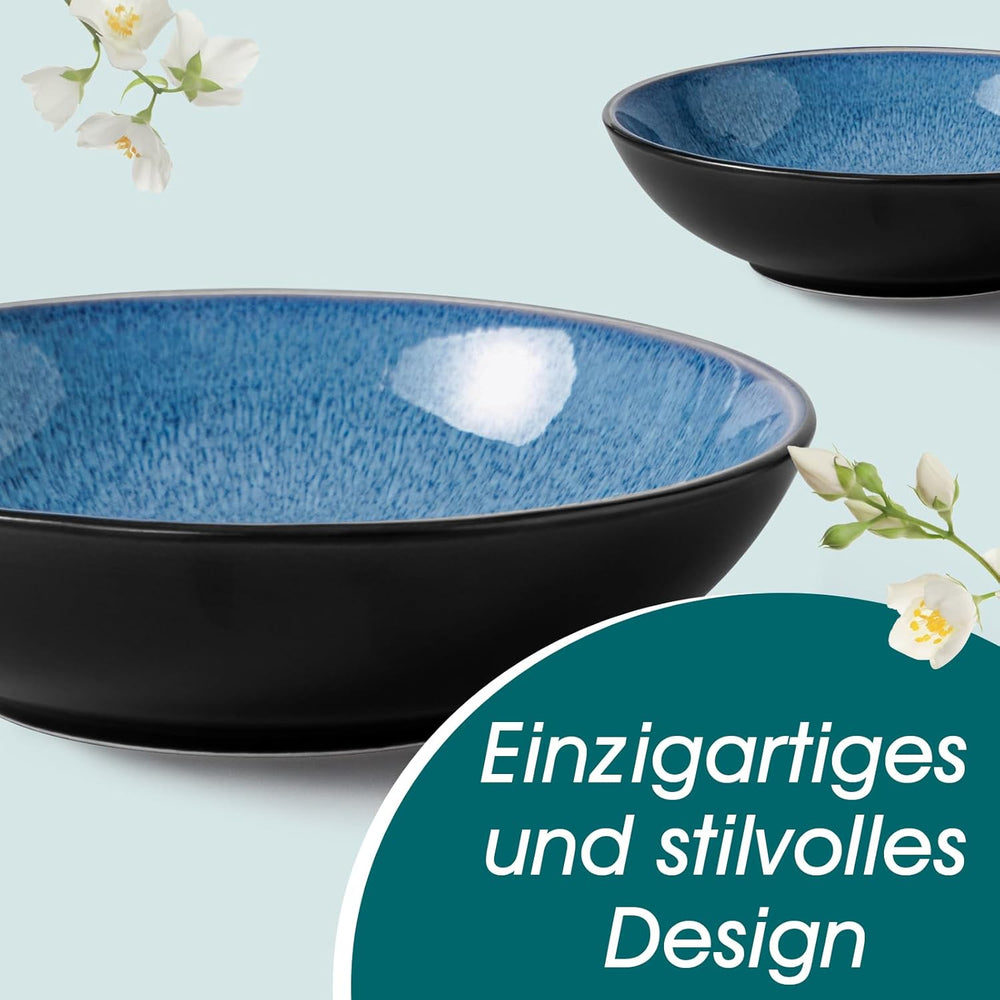 Set de veselă pentru 6 persoane, set de veselă din gresie Vancasso PLAYA, 24 de piese pentru 6 persoane, albastru, inclusiv farfurii, farfurii de sumă, boluri și farfurii de salată, potrivit pentru mașina de spălat vase și cuptorul cu microunde