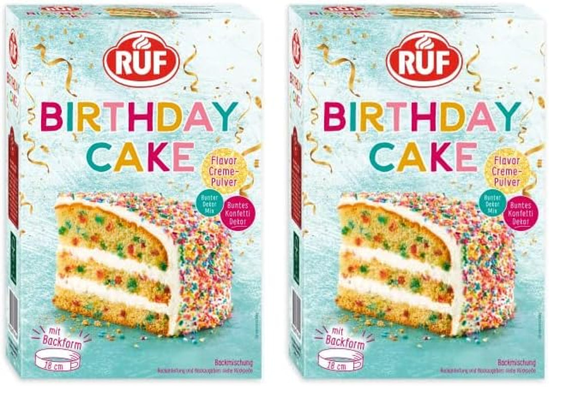 RUF Birthday Cake, Geburtstagskuchen, Schicht-Torte Aus Rührteig Und Konfetti-Streusel, Tortencreme Und Buntem Dekor-Mix, Für Kindergeburtstag, Familienfeier, Einschulung, 1X425G Glaseado y decoración Naty Shop 425 G (paquete de 2)