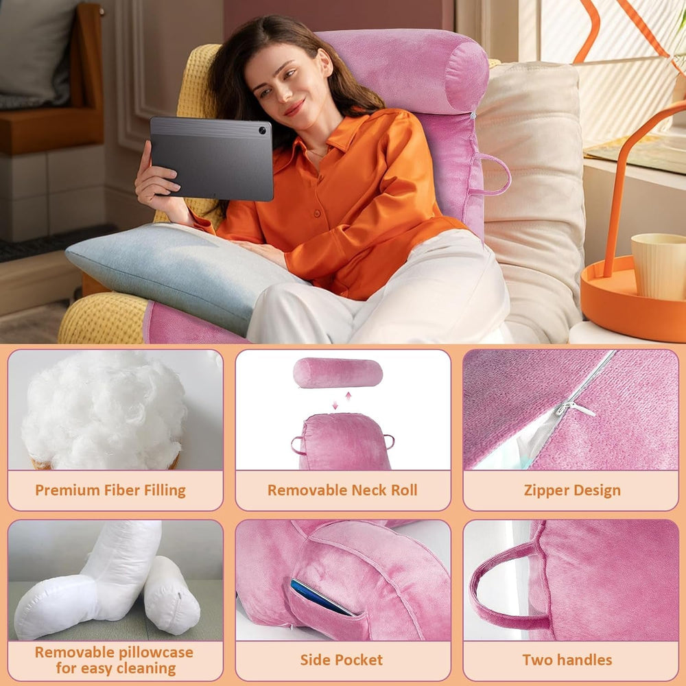 Pernă de citit XL pentru pat și canapea cu rolă detașabilă pentru gât, pernă ideală pentru spate pentru adulți cu spumă cu memorie pentru citit confortabil, lucru, joacă, vizionat la televizor, relaxare (roz)