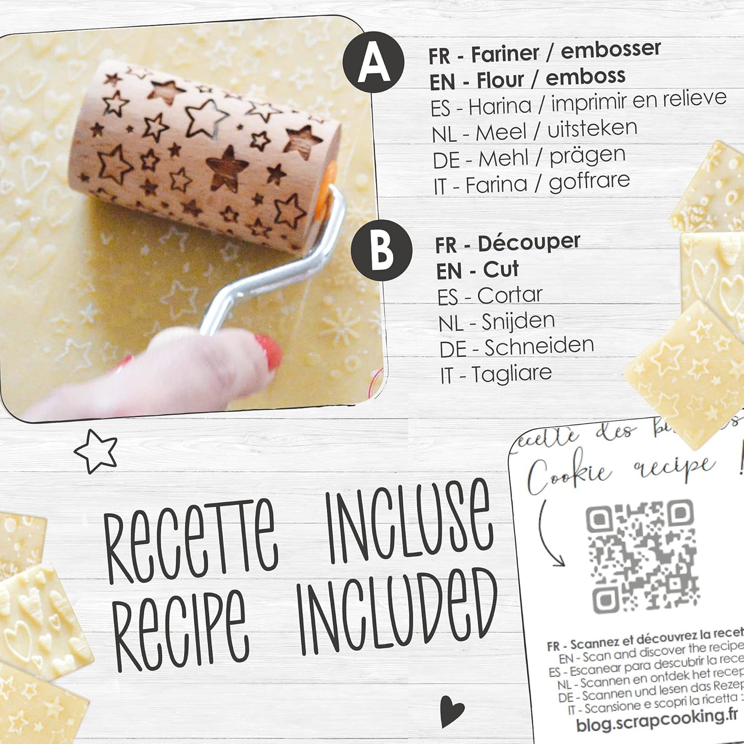 ScrapCooking 3798 Juego de rollos de galletas navideñas – 3 mini rollos de madera con motivos – Dekos mit Prägung – Forma para Kekse, Sandgestrahlt, Kekse