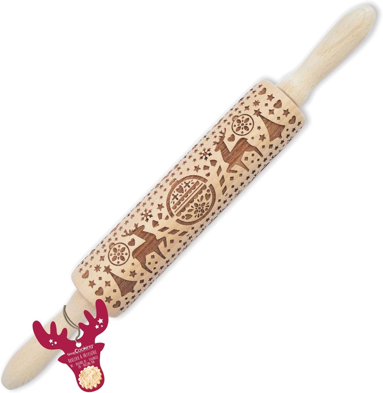 Scrap Cooking Teigrolle aus Holz "Xmas" mit weihnachtlichen Motiven – Prägerolle mit gepfragten Verzierungen für Kekse – Zubehör decorativo – 5242