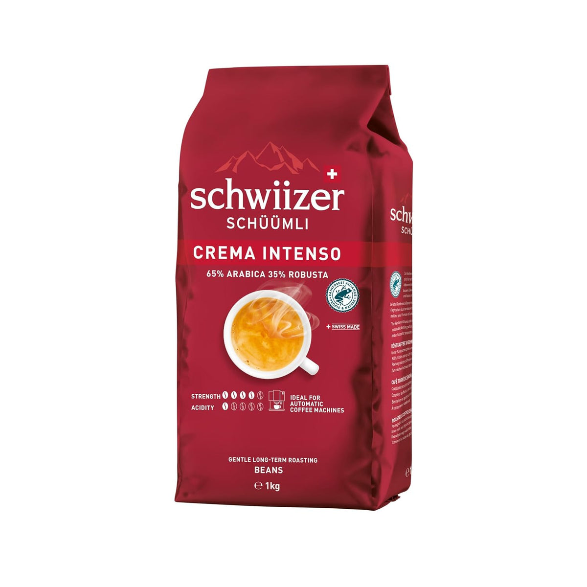 Schwiizer Schüümli Intenso, boabe de cafea Arabica/Robusta, corpolente și intense, ideale pentru espressoare automate, tărie 4/5, prăjire medie, Rainforest Alliance, 1kg