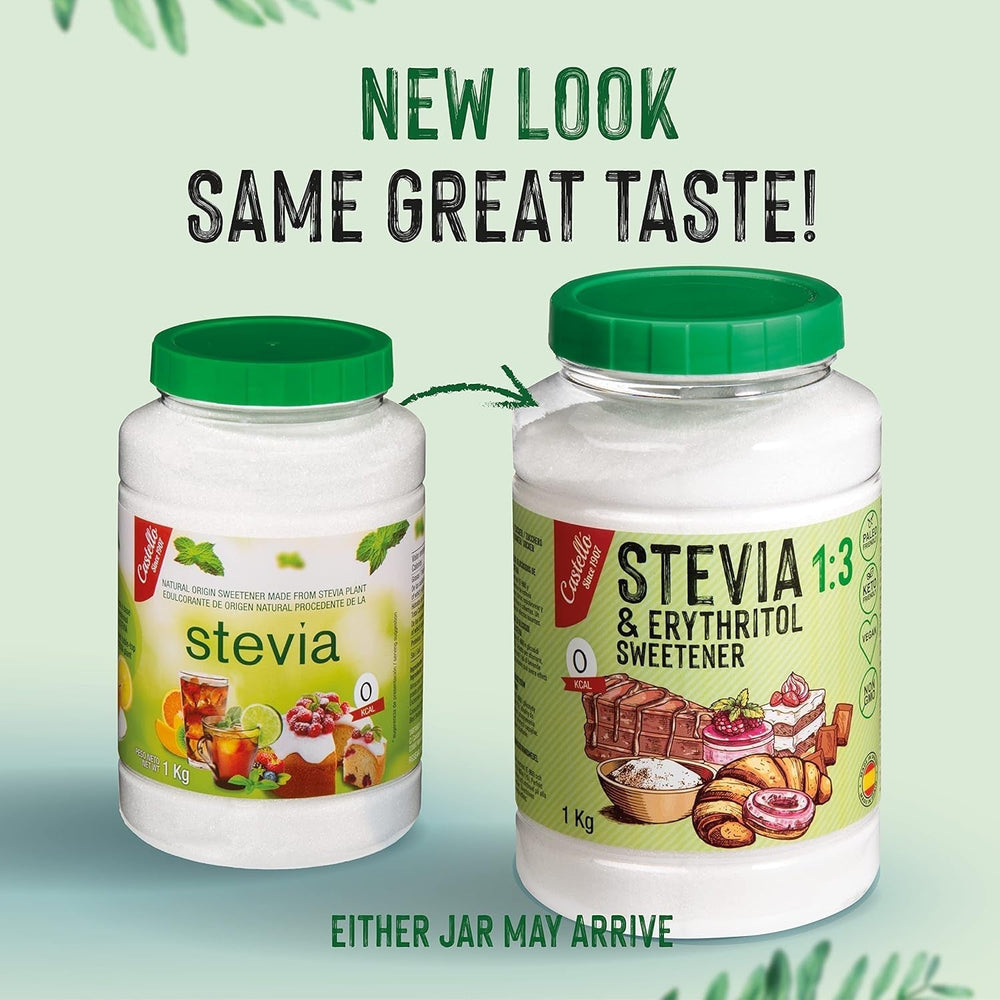 Stevia + Eritritol 1:3 Süßstoff | 1G = 3G Zucker | 100% Natürlicher Zuckerersatz - 0 Kalorien - 0 Glykämischer Index - Keto Und Paleo - 0 Netto-Kohlenhidrato - Kein GVO - Castello since 1907-1 Kg Edulcorantes Naty Shop
