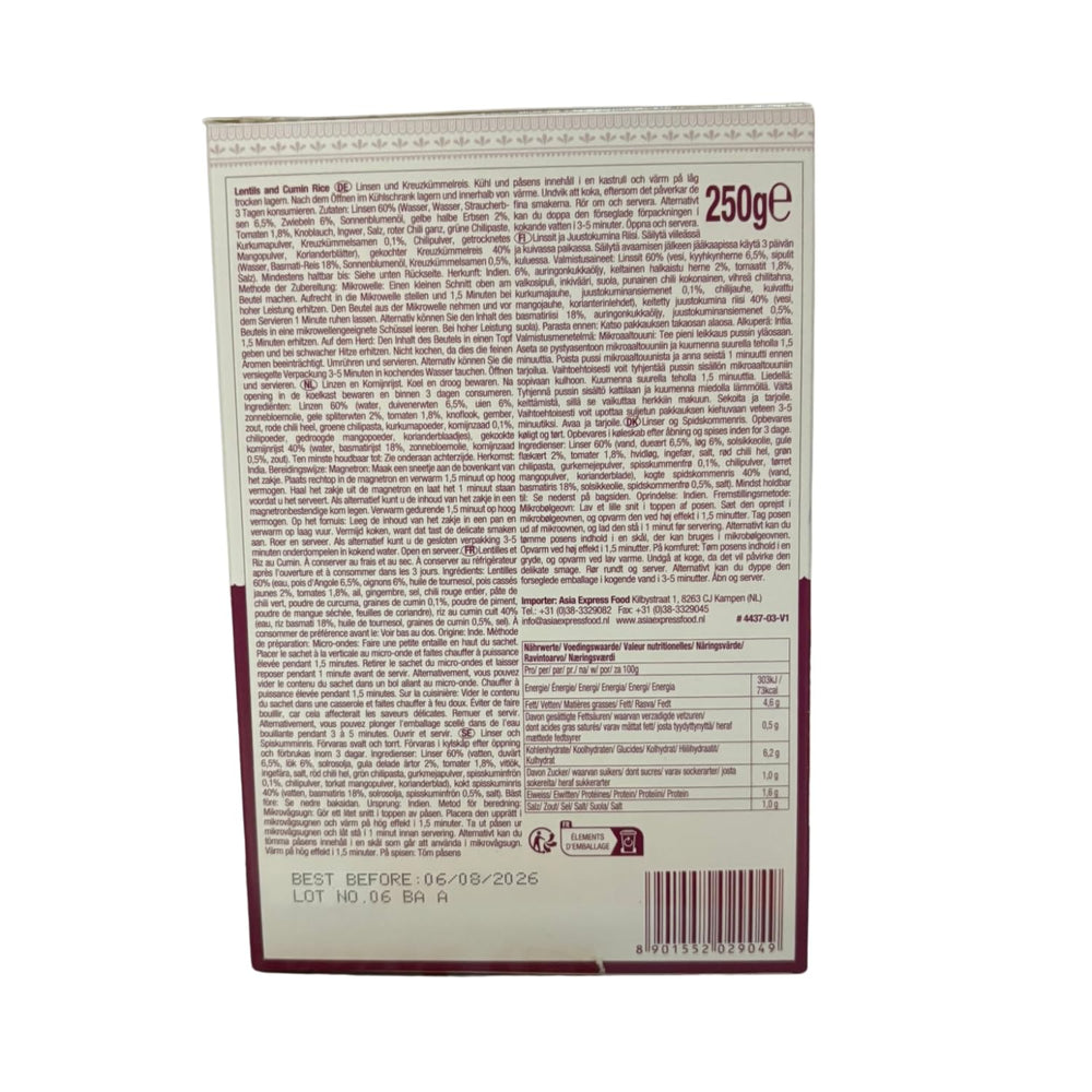 ASHOKA - Arroz instantáneo con lentejas y comino - (1 x 250 g)