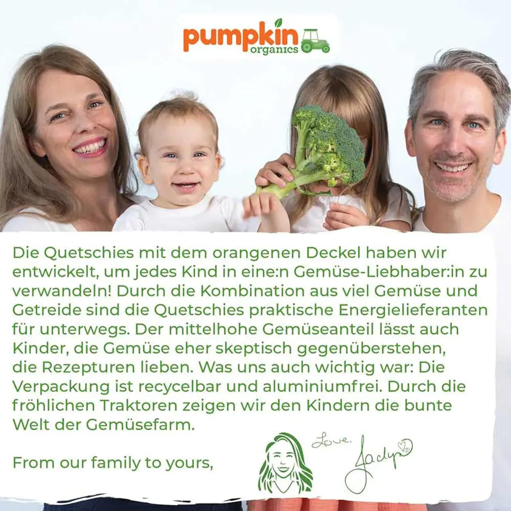 Pumpkin Organics Bio Gemüse-Getreide-Quetschie Kürbis, Birne, Apfel, Pflaume, Hafer ohne Zuckerzusatz¹ - ab 8 Monaten - als Snack o Beikost für unterwegs (100g)