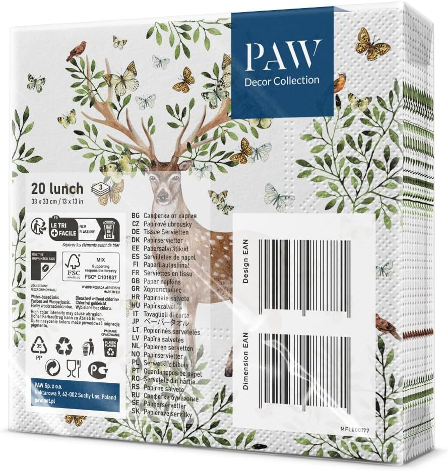PAW - Șervețele 3 straturi (33 X 33 Cm) I 20 bucăți I Perfect pentru zilele de naștere ale copiilor, petreceri, comuniuni și sărbători I Șervețele de hârtie colorate cu motivul petrecerii I Animale, bucurie, petrecere - coarne de pădure