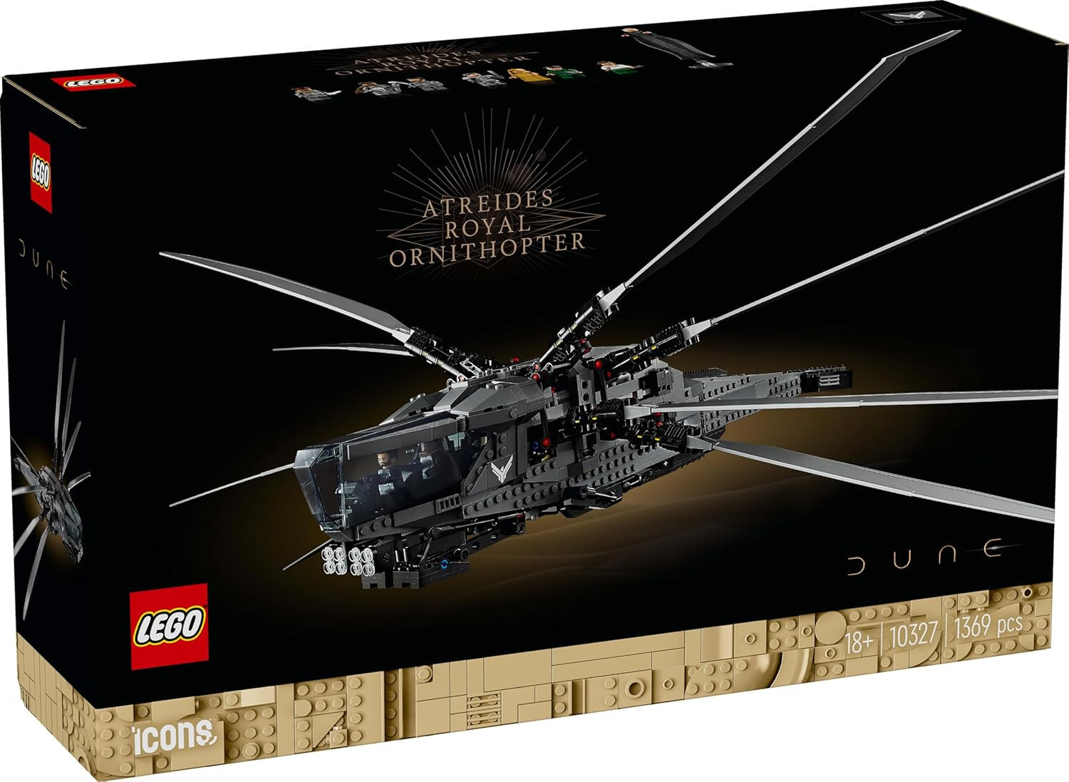 LEGO 10327 Icons Dune Atreides Royal Ornithopter, set de colecționat pentru adulți, cadou de film pentru bărbați, femei și fani, aeronavă model cu 8 figuri, inclusiv Paul Atreides și baronul Harkonnen Seturi de constructie Besuche den LEGO-Store
