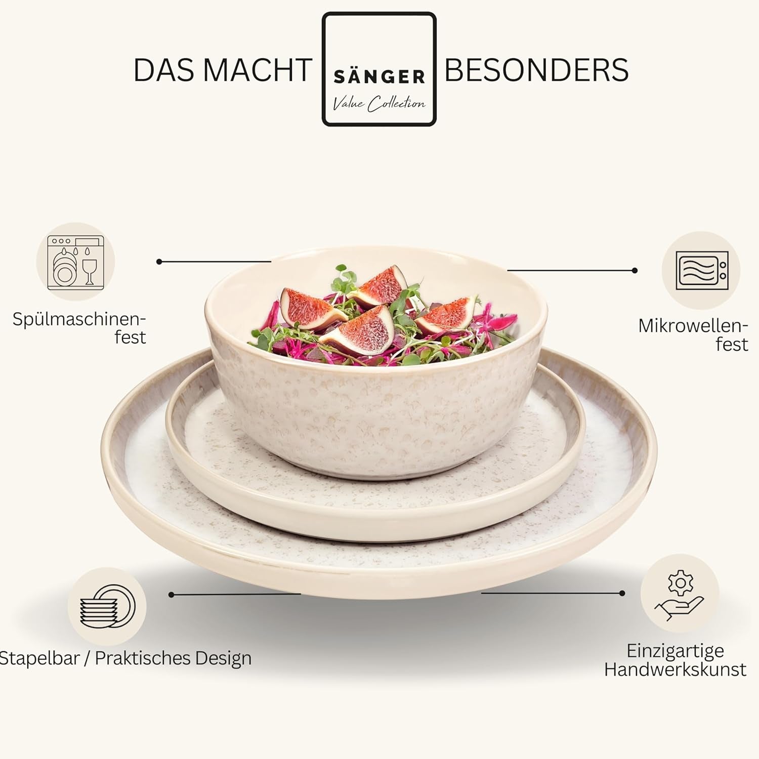 SÄNGER Key West | Set de veselă din gresie, 24 de piese, set de farfurii pentru 6 persoane, 6 farfurii de cină, boluri pentru cereale, farfurii pentru desert, boluri pentru paste, veselă de culoare crem cu textură nisipoasă | COLECȚIA VALUE