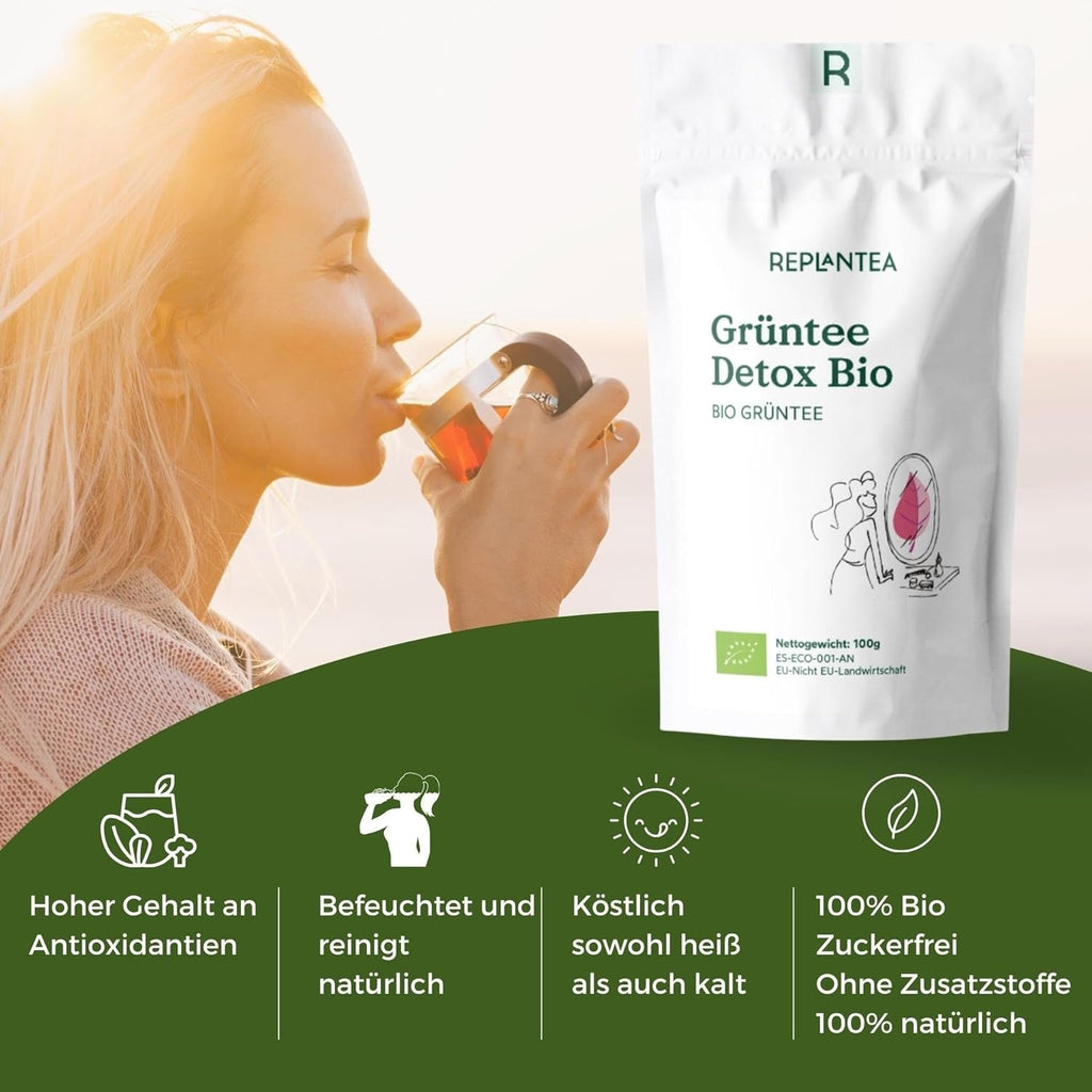 Ceai detoxifiant BIO 100 g (50 cești) | Ceai verde diuretic cu păpădie, fructul pasiunii și cătină REPLANTEA