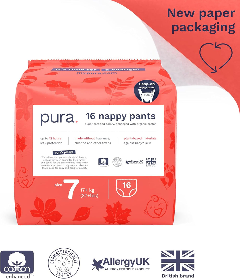 Bragas ecológicas, talla 7 (17 kg+), 16 piezas, ropa interior desechable para pieles sensibles y alérgicas, sin perfume, cierre lateral