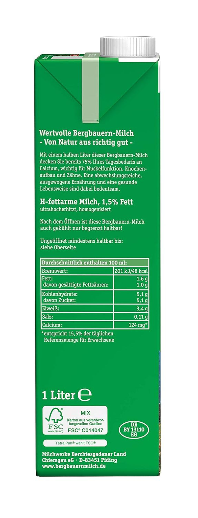 Berchtesgadener Land Haltbare Bergbauern-Milch, 1,5% Fett, paquete de 12 (12 x 1 l)