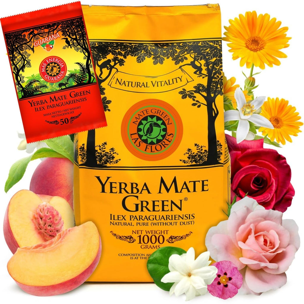 Yerba  LAS FLORES 1 kg ● Ceai Yerba Mate cu piersici braziliene ● Iasomie ● Ceai Mate din frunze de mate ● Arome naturale ● Ceai Yebra Mate cu guarana 50 g ● Ceai Yerba Mate cu frunze întregi 1050 g ● Vegan