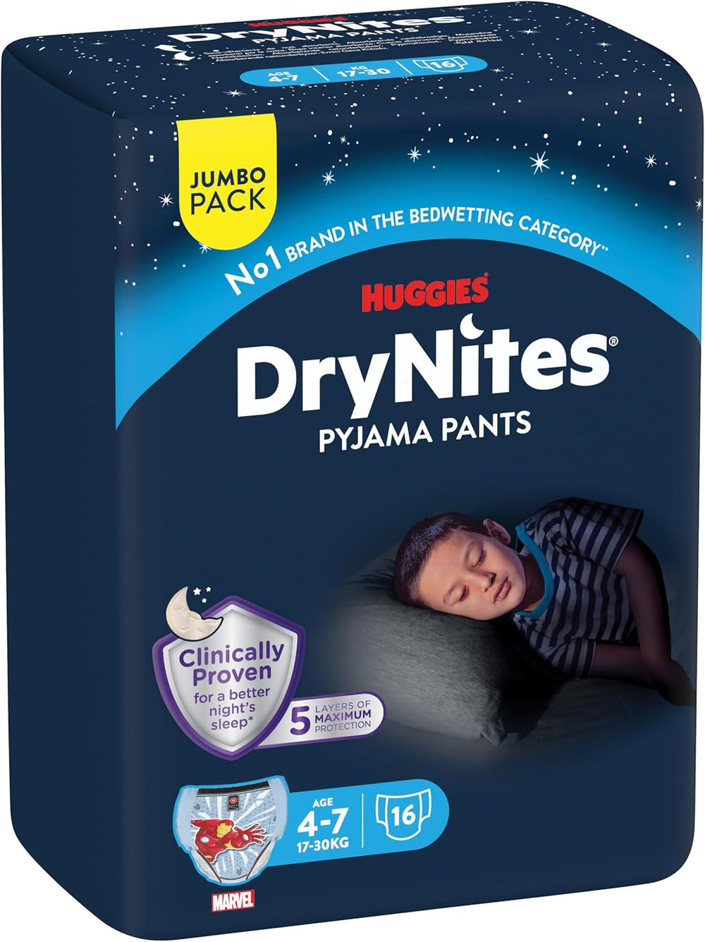 DryNites Pañales absorbentes para mojar la cama durante la noche para niños de 4 a 7 años (17 a 30 kg), paquete mensual gigante, 64 unidades