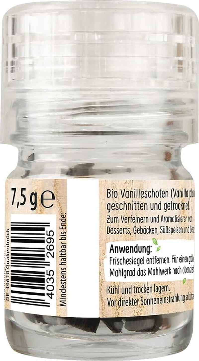 RUF Bio Bourbon Vanille-Mühle, Gewürz-Mühle aus aroma-sicherem Glas, Vegan, Verstellbares Mühlwerk, Vanilleschoten zum Backen und Kochen, 1 x 7,5 g