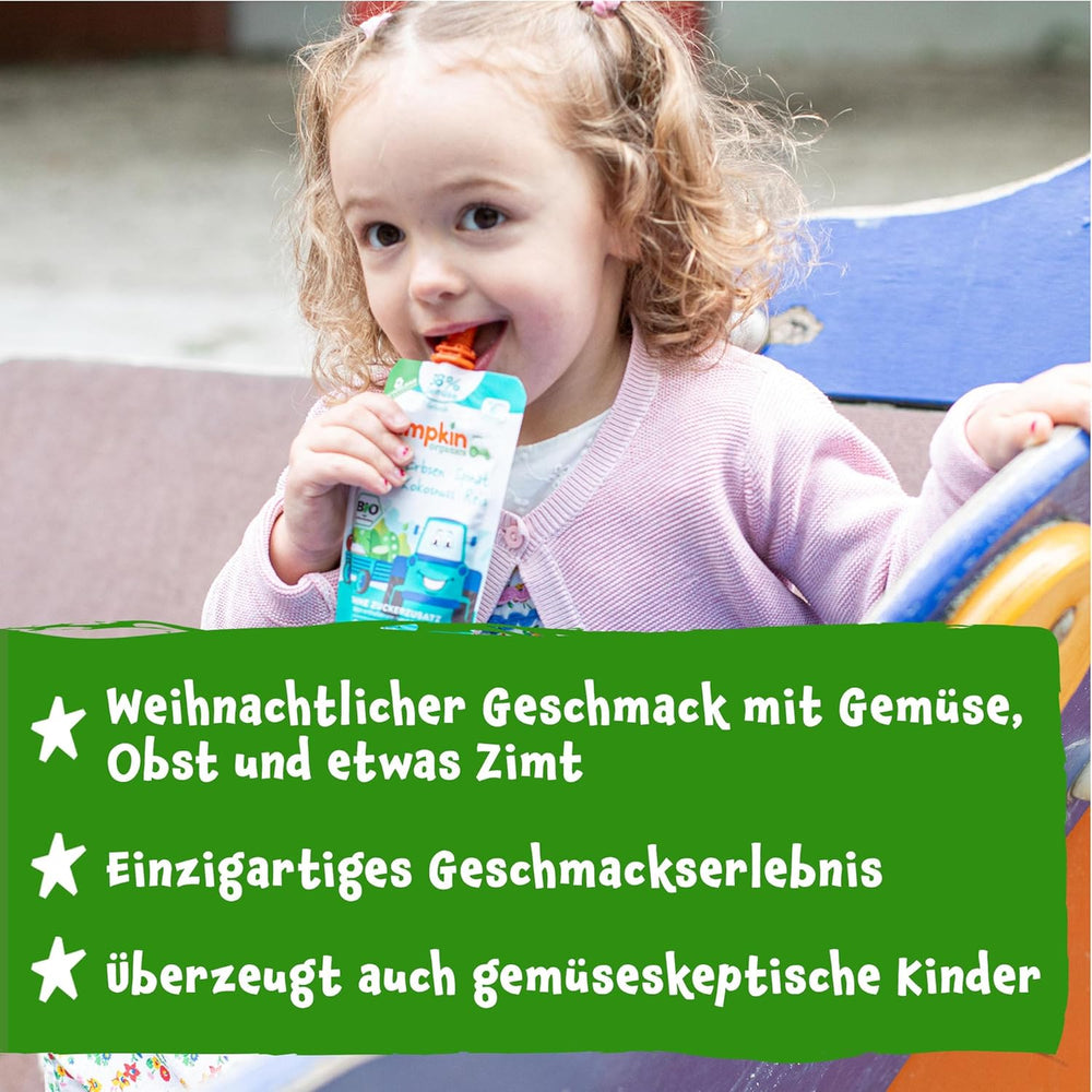 Pumpkin Organics Bio Gemüse-Getreide-Quetschie Kürbis, Birne, Apfel, Pflaume, Hafer ohne Zuckerzusatz¹ - ab 8 Monaten - als Snack o Beikost für unterwegs (100g)