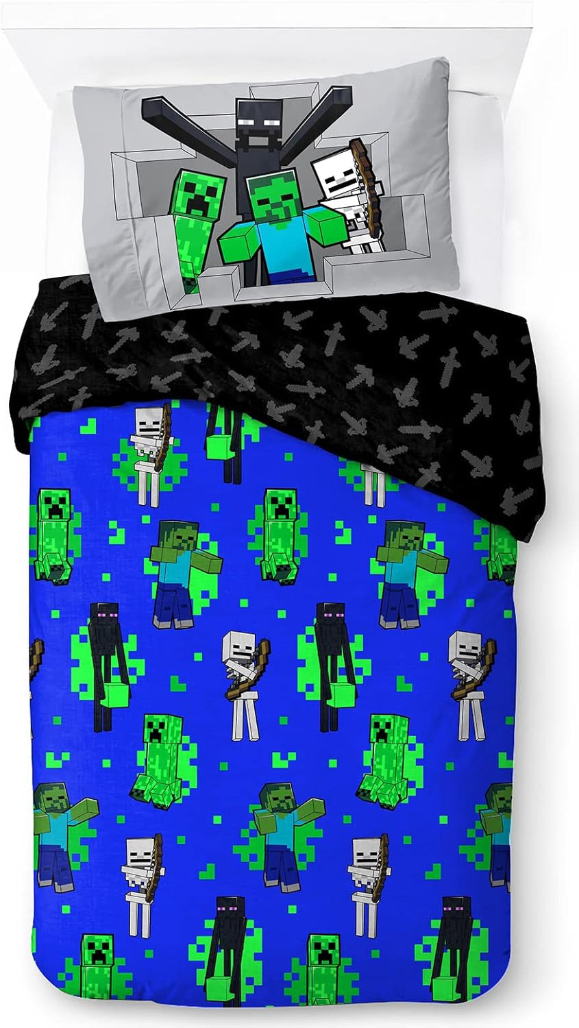 Ropa de cama para niños, Personajes de Disney, 100% algodón Ropa de cama - infantil Naty Shop Azul - Minecraft 135X200/50X70 (2 Piezas)